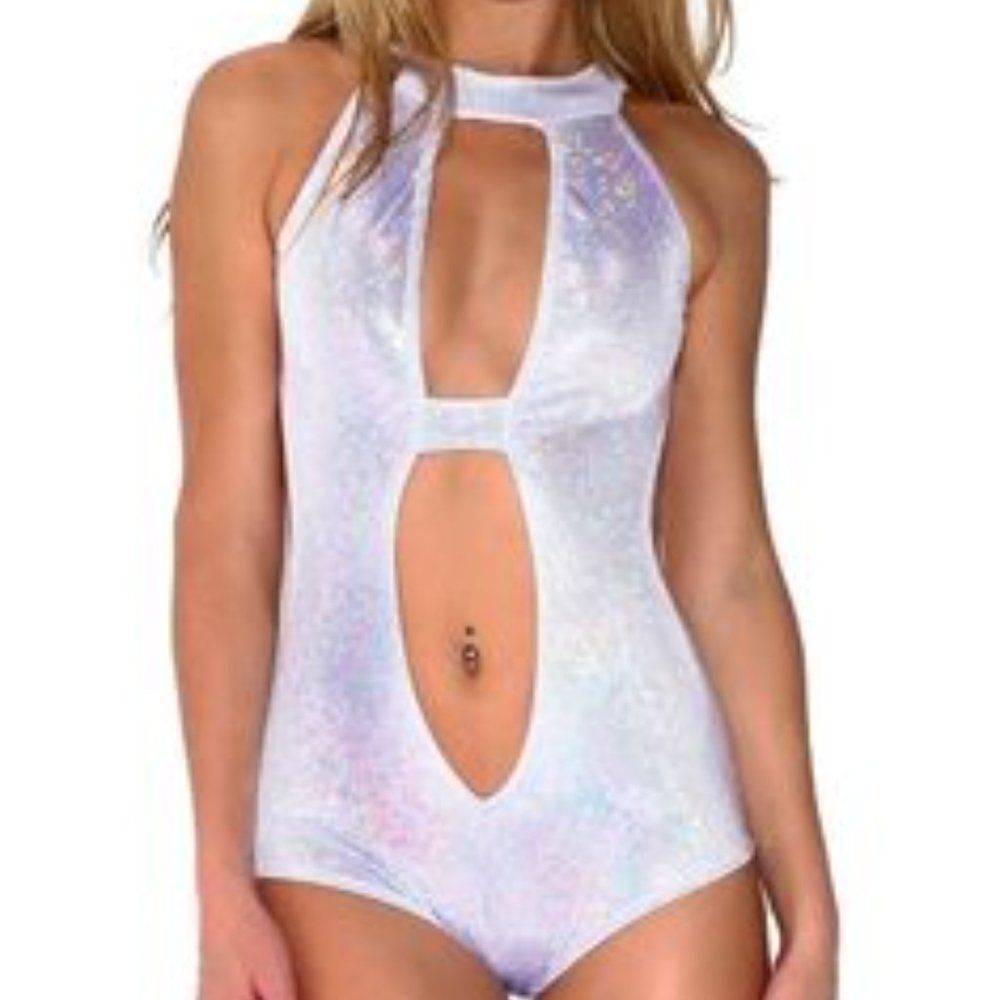 NWOT I Heart Raves Silver Holographic Bodysuit - L